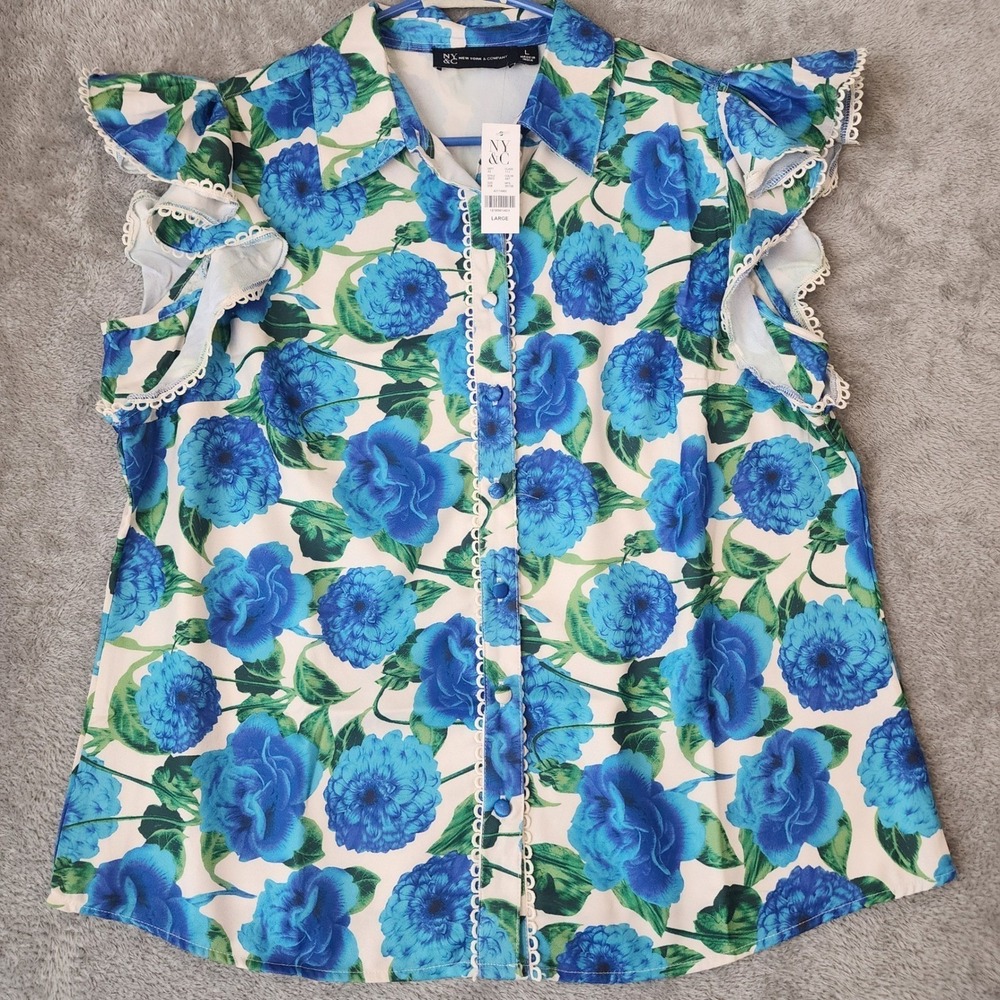New York & Company Shirt Womens Large Blue Floral Flutter Sleeve Button Down Top